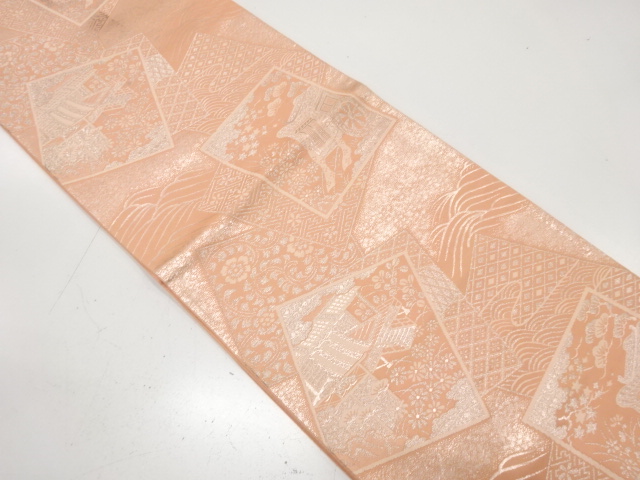 色紙に御所車・屋敷風景模様織り出し　袋帯